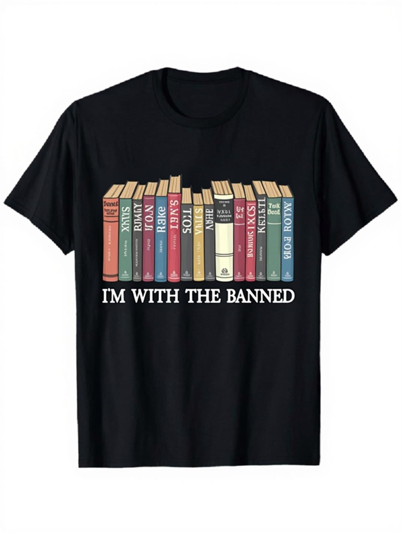 Vintage Fashion Library - เสื้อยืดวินเทจผู้ชายสีดำลายกราฟิก ลายชั้นวางหนังสือหลากสีสัน พร้อมข้อความสโลแกนสำหรับนักอ่าน ผลิตจากผ้าฝ้าย 100% หนา