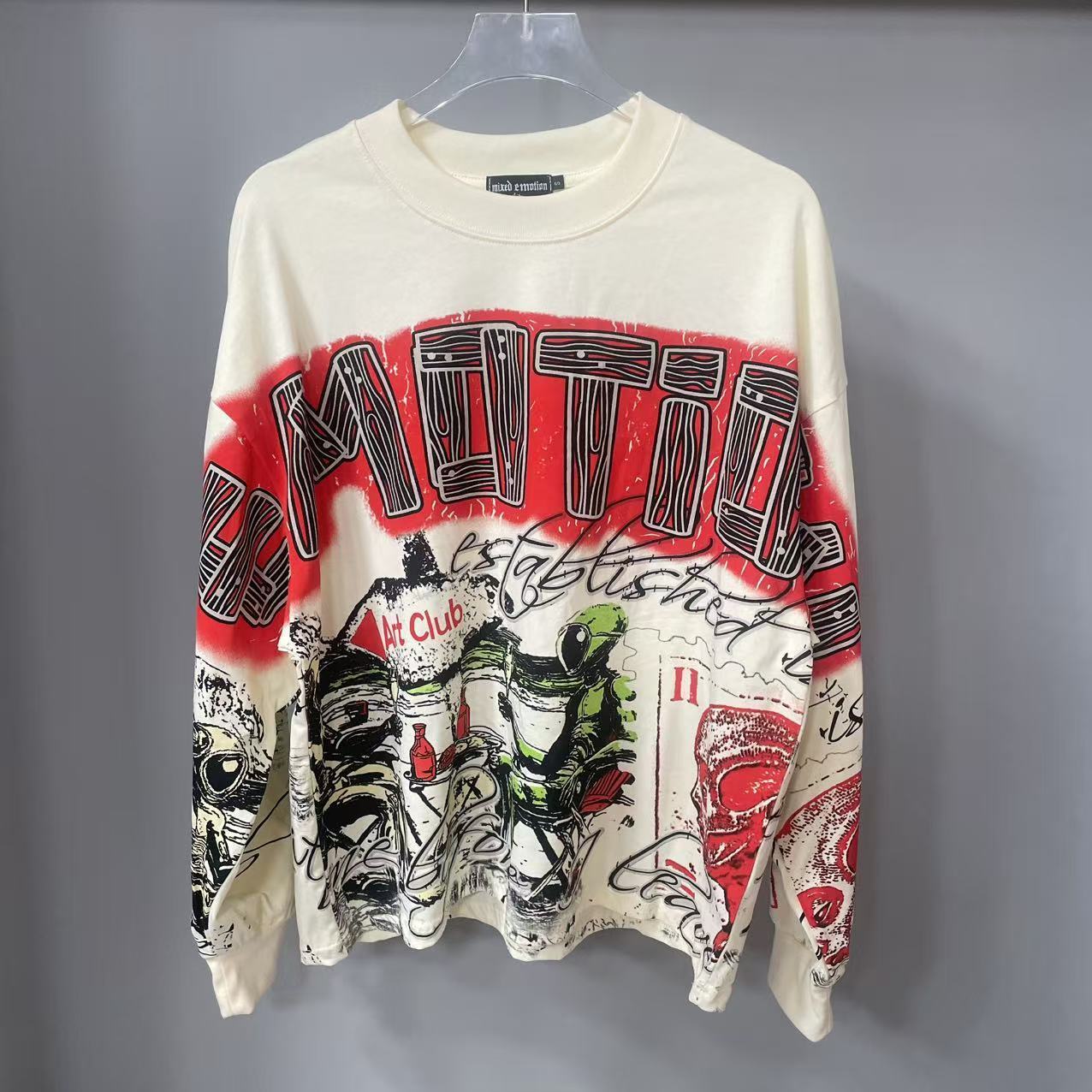 Vintage Fashion Designers - เสื้อยืดแขนยาวดีไซน์เนอร์คุณภาพสูง MIXED-EMOTION ผ้าฝ้าย 100% สำหรับผู้ชายและผู้หญิง ลายพิมพ์วินเทจและประดับคริสตัล