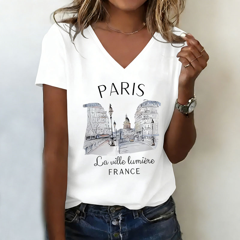 Vintage Fashion Paris - วินเทจปารีสเสื้อยืดคอวีแฟชั่นลำลอง Y2k เรโทรปารีสเสื้อยืดผู้หญิงแขนสั้นเสื้อยืดคอวีฤดูร้อนฤดูใบไม้ผลิ