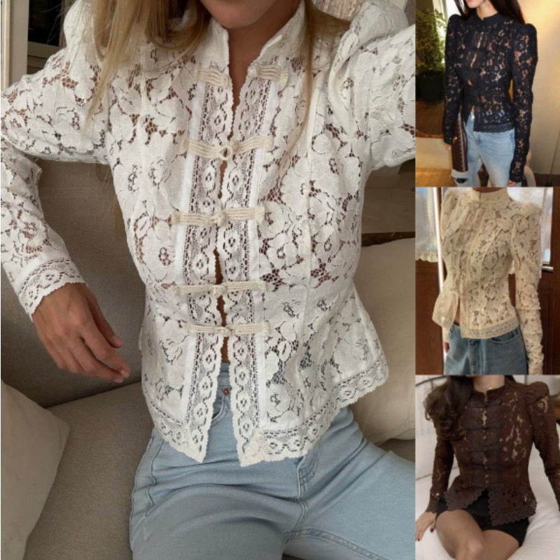 Vintage Fashion Club - เสื้อลูกไม้พิมพ์ลายฤดูร้อนสำหรับผู้หญิง เสื้อแฟชั่นแบบโปร่ง โชว์สัดส่วน สไตล์วินเทจ เสื้อคลุมลูกไม้ผู้หญิงแบบใหม่