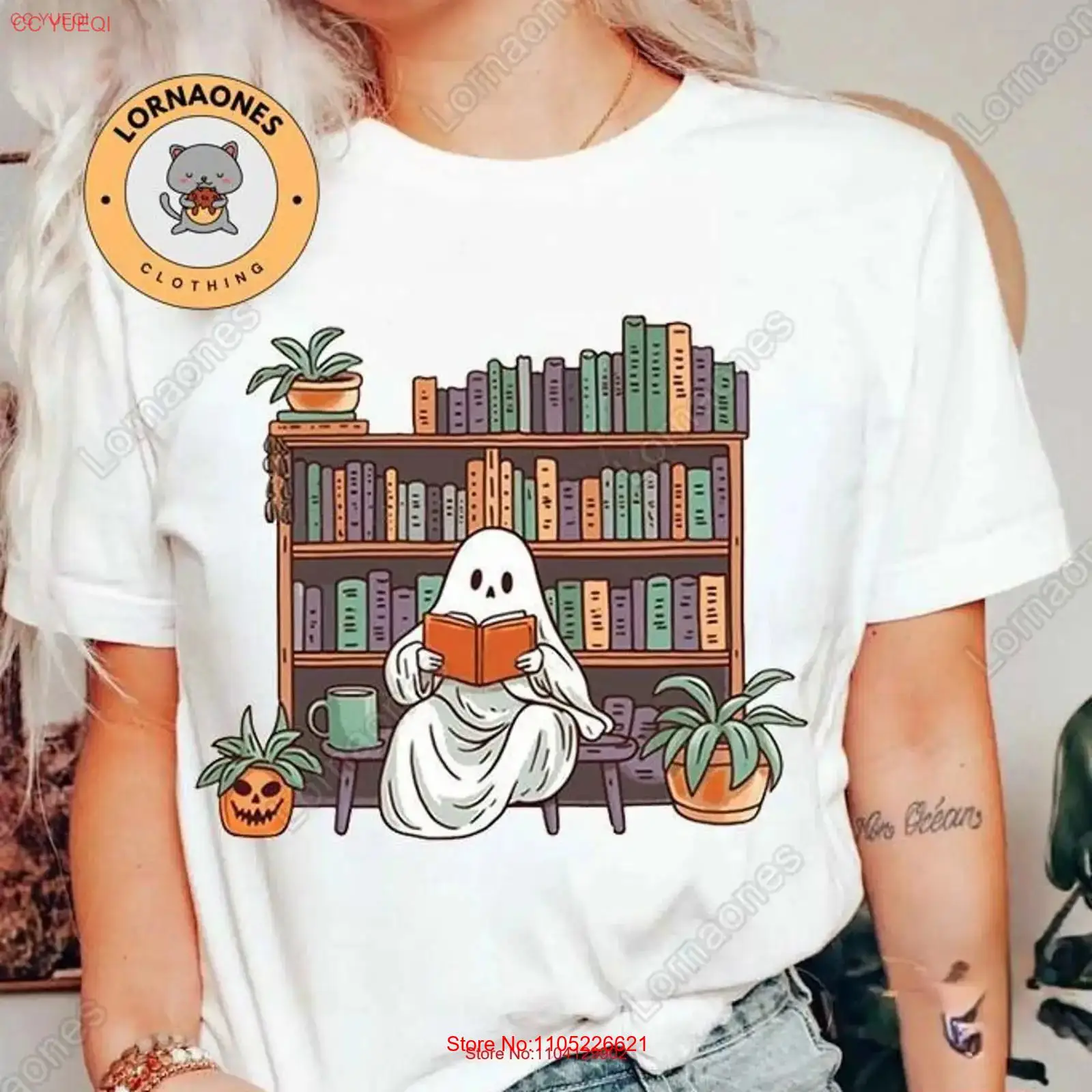 Vintage Fashion Library - เสื้อยืดฮาโลวีน Ghost T ลายห้องสมุด สำหรับคนรักหนังสือ สไตล์วินเทจ