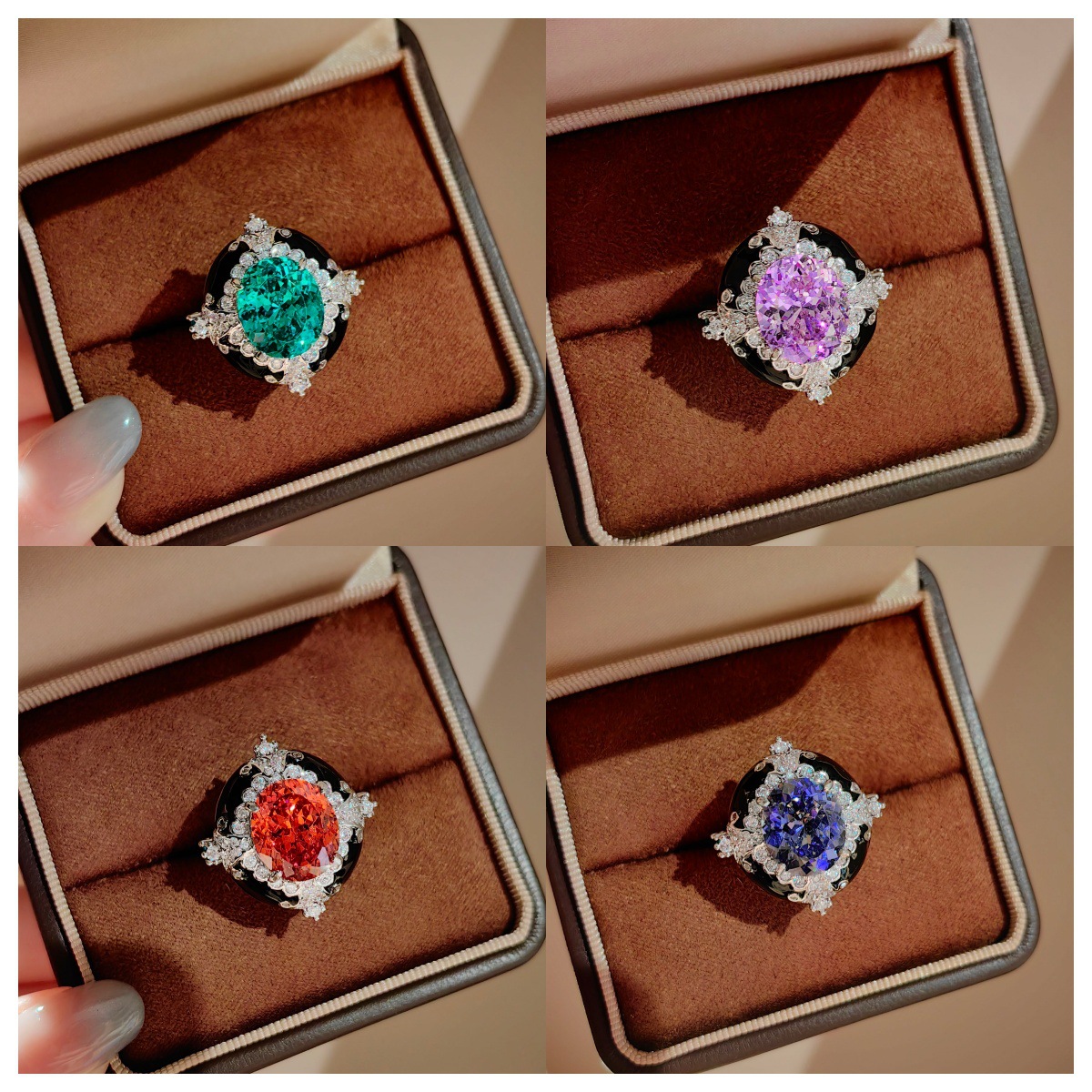 Vintage Fashion Events - แหวนเปิดเคลือบสีดำหรูหรา ประดับด้วยคิวบิกเซอร์โคเนียสีรูปวงรี ชุบเงิน สไตล์วินเทจ เหมาะสำหรับงานเลี้ยงยามเย็นและสวมใส่ในชีวิตประจำวัน เครื่องประดับนิ้วสำหรับผู้หญิง