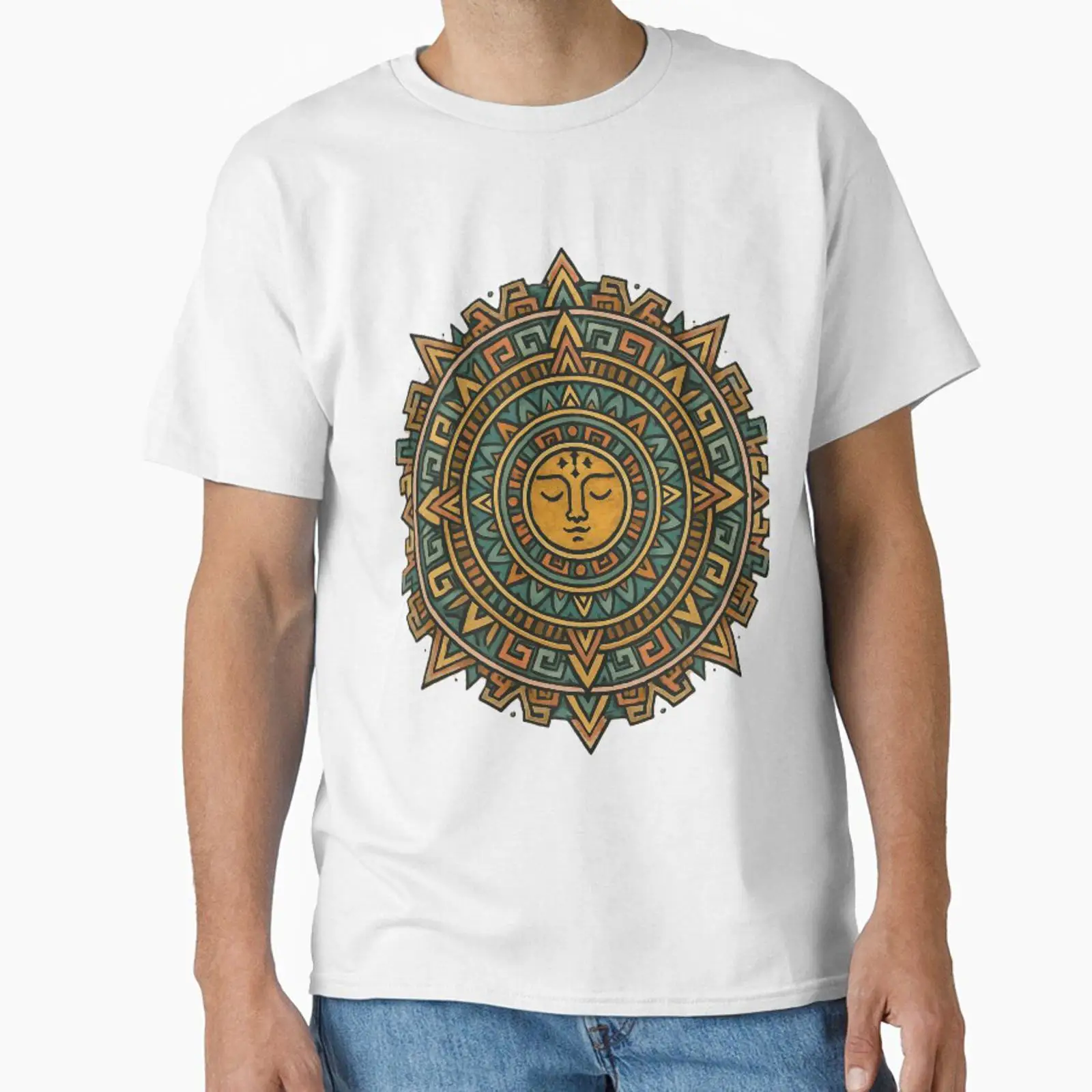 Vintage Fashion Uk - ลายดวงอาทิตย์แอซเท็ก ออกแบบและจำหน่ายโดย Vitalka uk เสื้อวินเทจแบบซักล้าง สำหรับใส่ในชีวิตประจำวัน
