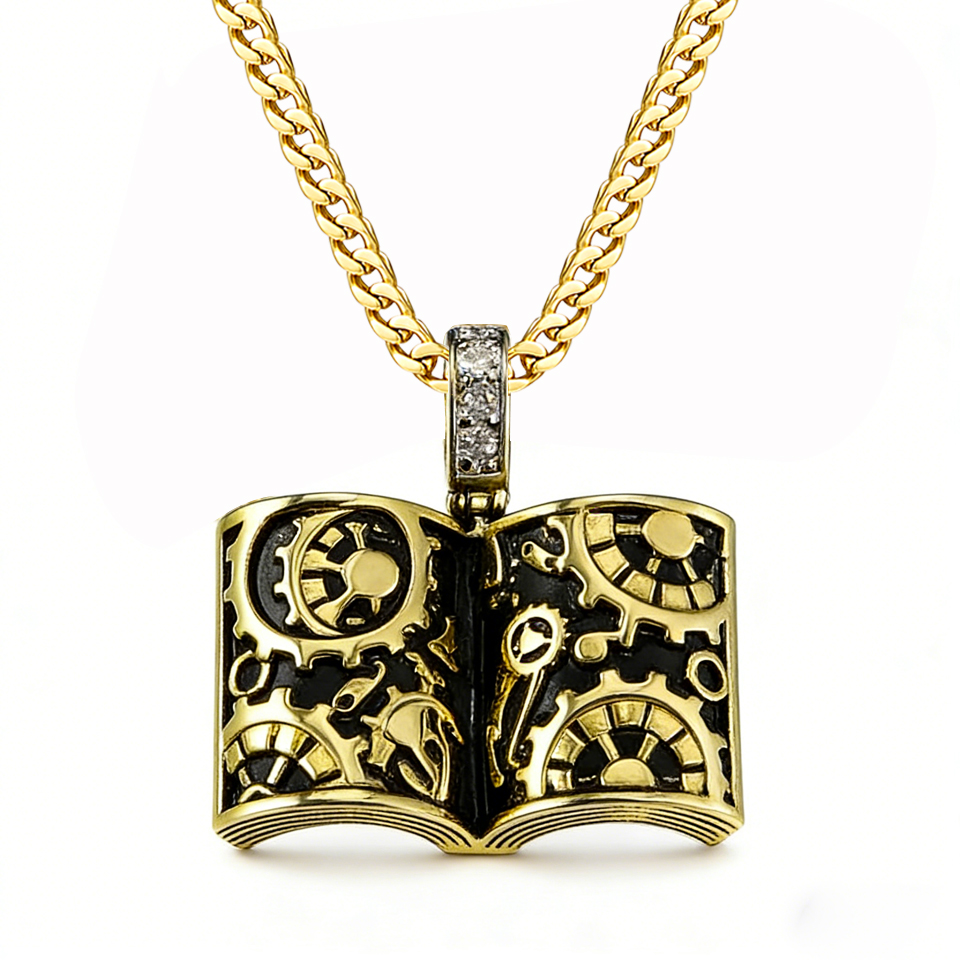 Vintage Fashion Library - VANAXIN สร้อยคอจี้รูปหนังสือสไตล์พังก์เรโทร แกะสลักลายทองเหลืองชุบทอง 14k สำหรับผู้หญิงและผู้ชาย ของที่ระลึกจากห้องสมุด