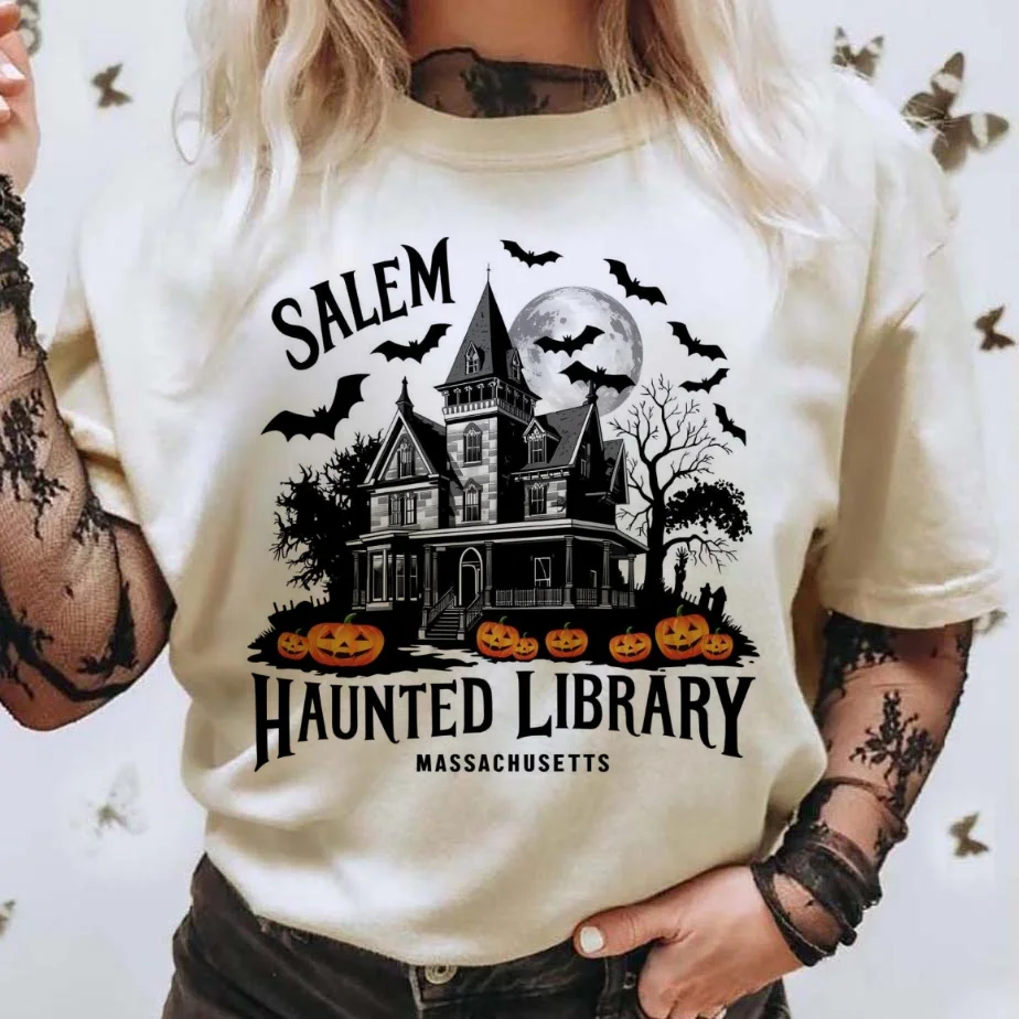 Vintage Fashion Library - เสื้อยืดลายฮาโลวีนแขนสั้นทรงหลวมสำหรับผู้หญิงเสื้อยืดสไตล์แฟชั่นพิมพ์ลายแนวกอทิกสไตล์ห้องสมุดผีสิงแนววินเทจ