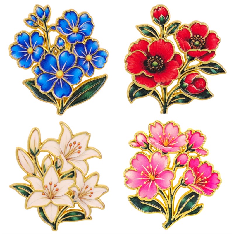 Vintage Fashion Designers - เข็มกลัดเคลือบสีสันสดใสลายดอกไม้สไตล์วินเทจน่ารัก ลายดอกลิลลี่ เชอร์รี่ ดอกป๊อปปี้ ใบไม้สีฟ้า เหมาะสำหรับติดกระเป๋าเป้