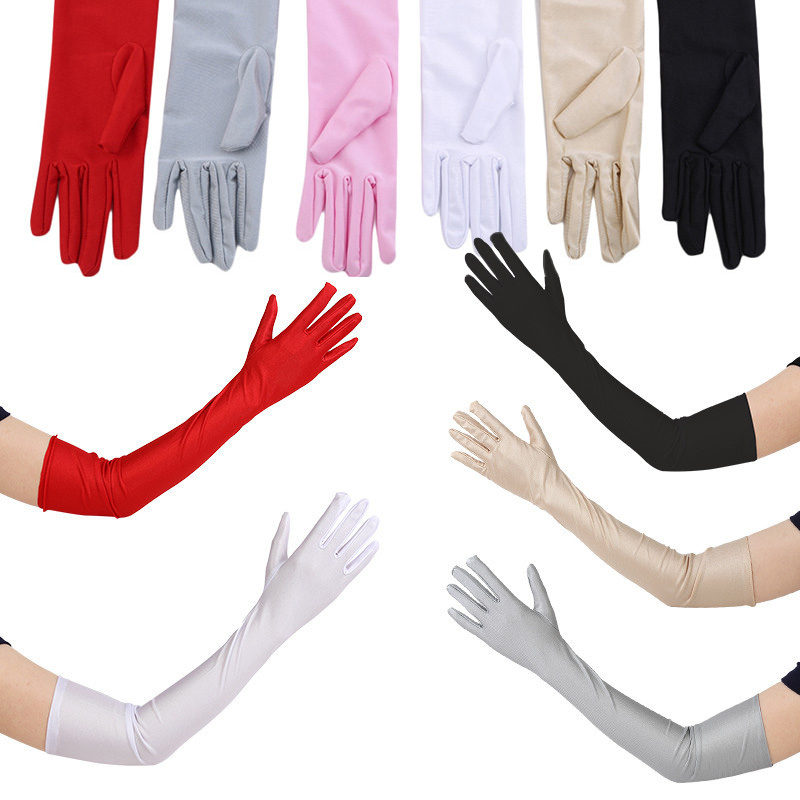 Vintage Fashion Events - ถุงมือผู้หญิงสำหรับงานเลี้ยงตอนเย็น งานพิธีการ สีพื้น ผ้าซาติน ปลายนิ้วยาว สำหรับงานแต่งงาน